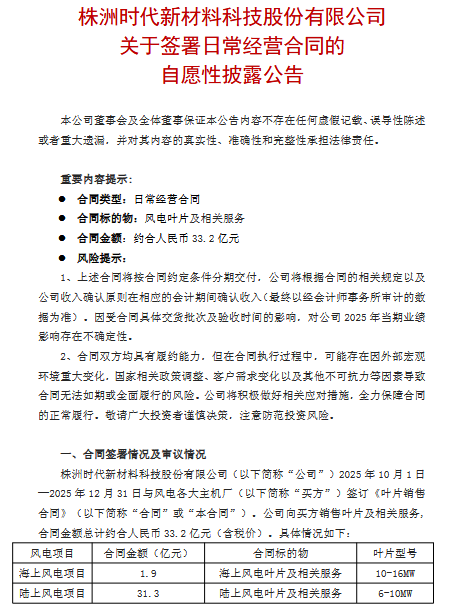 時代新材：25年第四季度簽署33.2億風力發電葉片合同